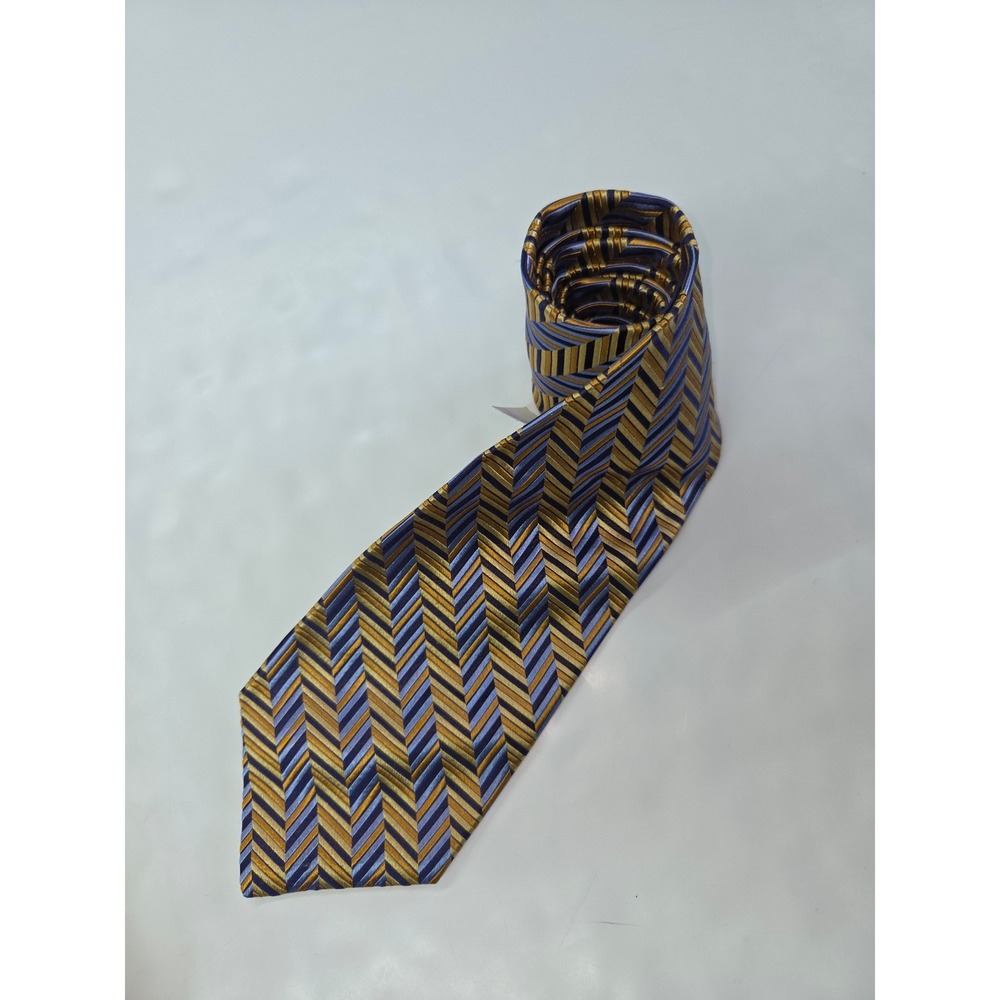 Tom James Executive Collection Blue‎ Gold Chevron Silk Tie Tall Man USA 145308
